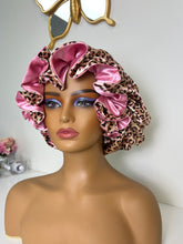 Load image into Gallery viewer, Pink Leopard Adjustable XL Satin Bonnet
