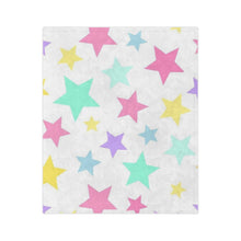 Load image into Gallery viewer, Multicolored pastel stars, White Plush Blanket