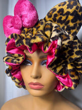 Load image into Gallery viewer, Leopard Print Ears 3d Adjustable Plush Bonnet to