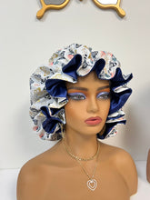 Load image into Gallery viewer, Gold & Navy Blue Butterfly Adjustable Cotton Satin Lined Bonnet
