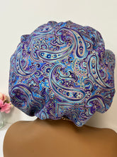 Load image into Gallery viewer, Purple & Blue Paisley Adjustable Cotton Satin Lined Bonnet