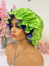 Load image into Gallery viewer, Purple & Lime Reversible Adjustable XL Satin Bonnet