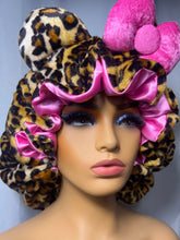 Load image into Gallery viewer, Leopard Print Ears 3d Adjustable Plush Bonnet to