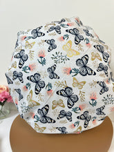 Load image into Gallery viewer, Gold & Navy Blue Butterfly Adjustable Cotton Satin Lined Bonnet