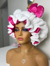 Load image into Gallery viewer, White Teddy Fur w/ Ears 3D Adjustable Plush Bonnet