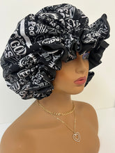Load image into Gallery viewer, Black & White Jesus Adjustable Cotton Satin Lined Bonnet