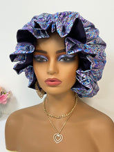 Load image into Gallery viewer, Purple & Blue Paisley Adjustable Cotton Satin Lined Bonnet
