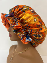 Load image into Gallery viewer, Orange Oriental Silky Soft satin bonnet with ruffles
