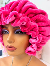 Load image into Gallery viewer, Hot Pink Ruffles plush bonnet adjustable
