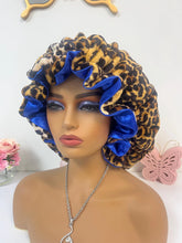 Load image into Gallery viewer, Brown Leopard ruffles plush bonnet adjustable
