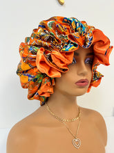 Load image into Gallery viewer, Orange Oriental Silky Soft satin bonnet with ruffles
