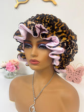 Load image into Gallery viewer, Brown Leopard ruffles plush bonnet adjustable
