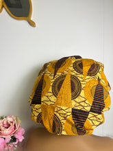 Load image into Gallery viewer, Ankara Brown/Black Print Adjustable Cotton Satin Lined Bonnet
