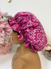 Load image into Gallery viewer, Hot Pink Bandanna Paisley Adjustable Cotton Satin Lined Bonnet
