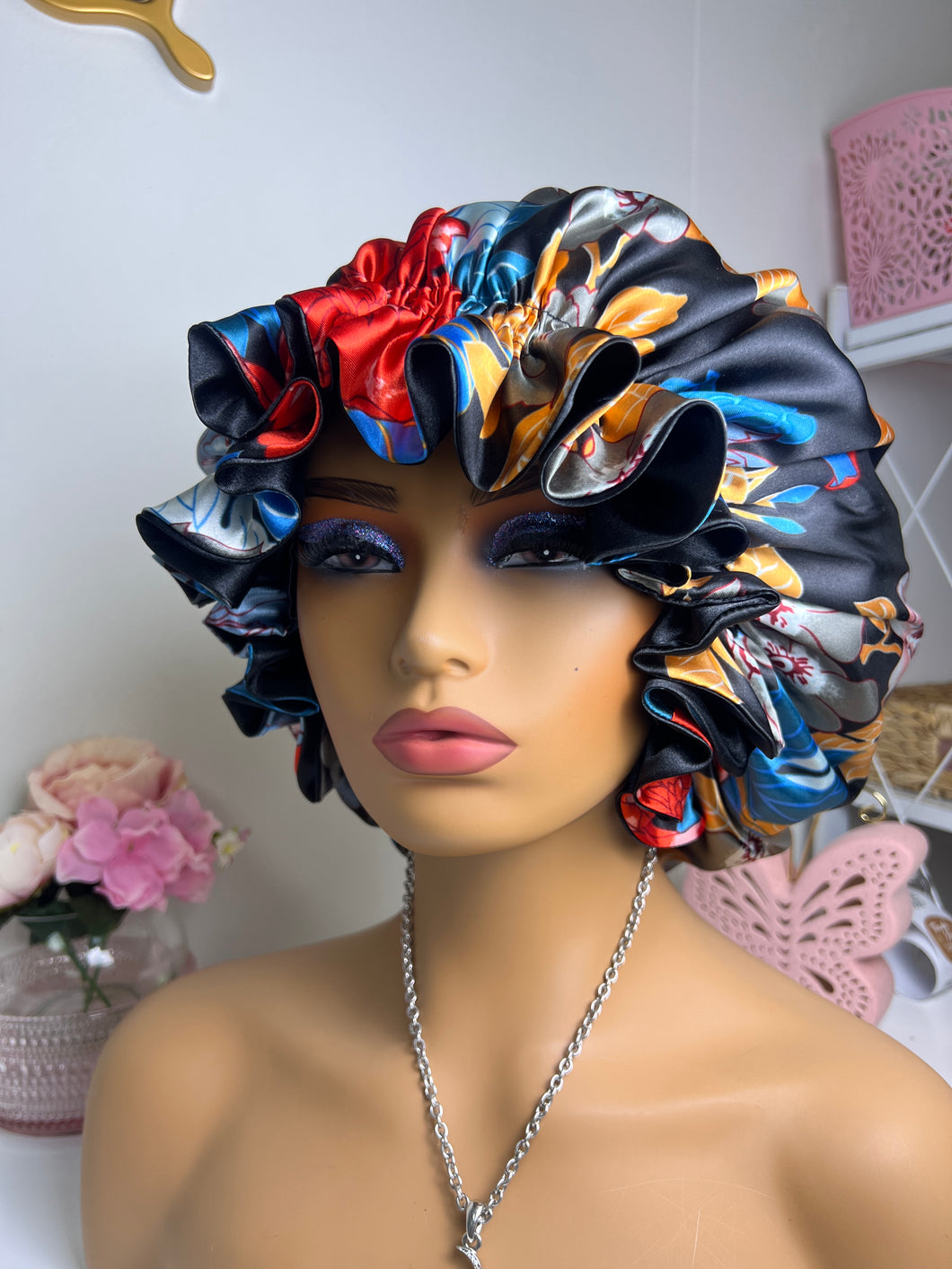 Black Flowers Ruffle Satin Bonnet