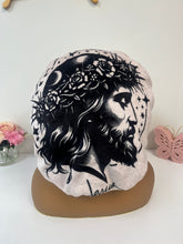 Load image into Gallery viewer, Rose Pink Black Bold Jesus, blush adjustable bonnet
