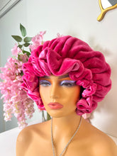 Load image into Gallery viewer, Hot Pink Ruffles plush bonnet adjustable
