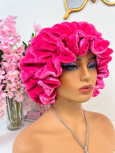 Load image into Gallery viewer, Hot Pink Ruffles plush bonnet adjustable
