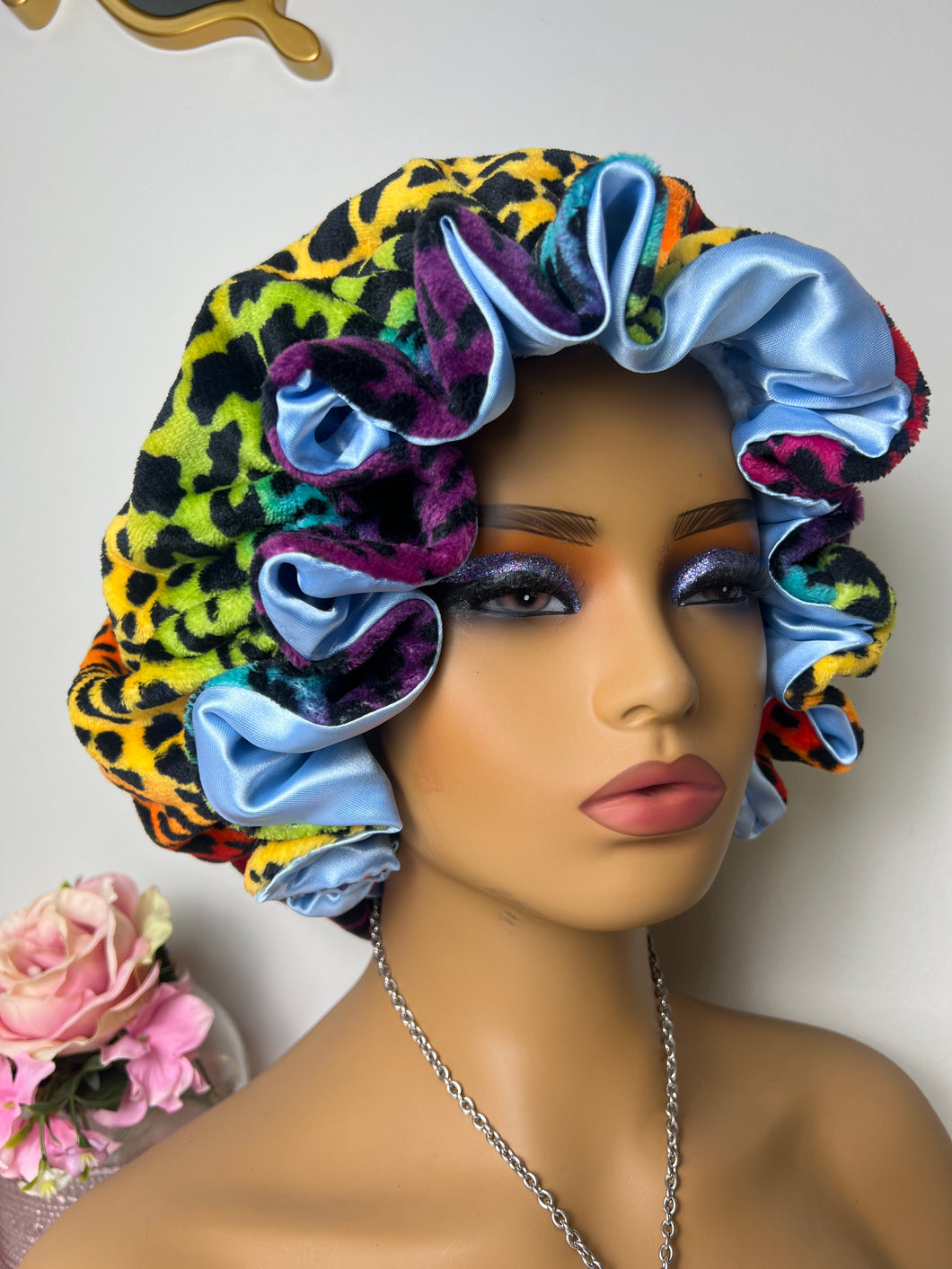 Rainbow Leopard ruffles plush bonnet adjustable