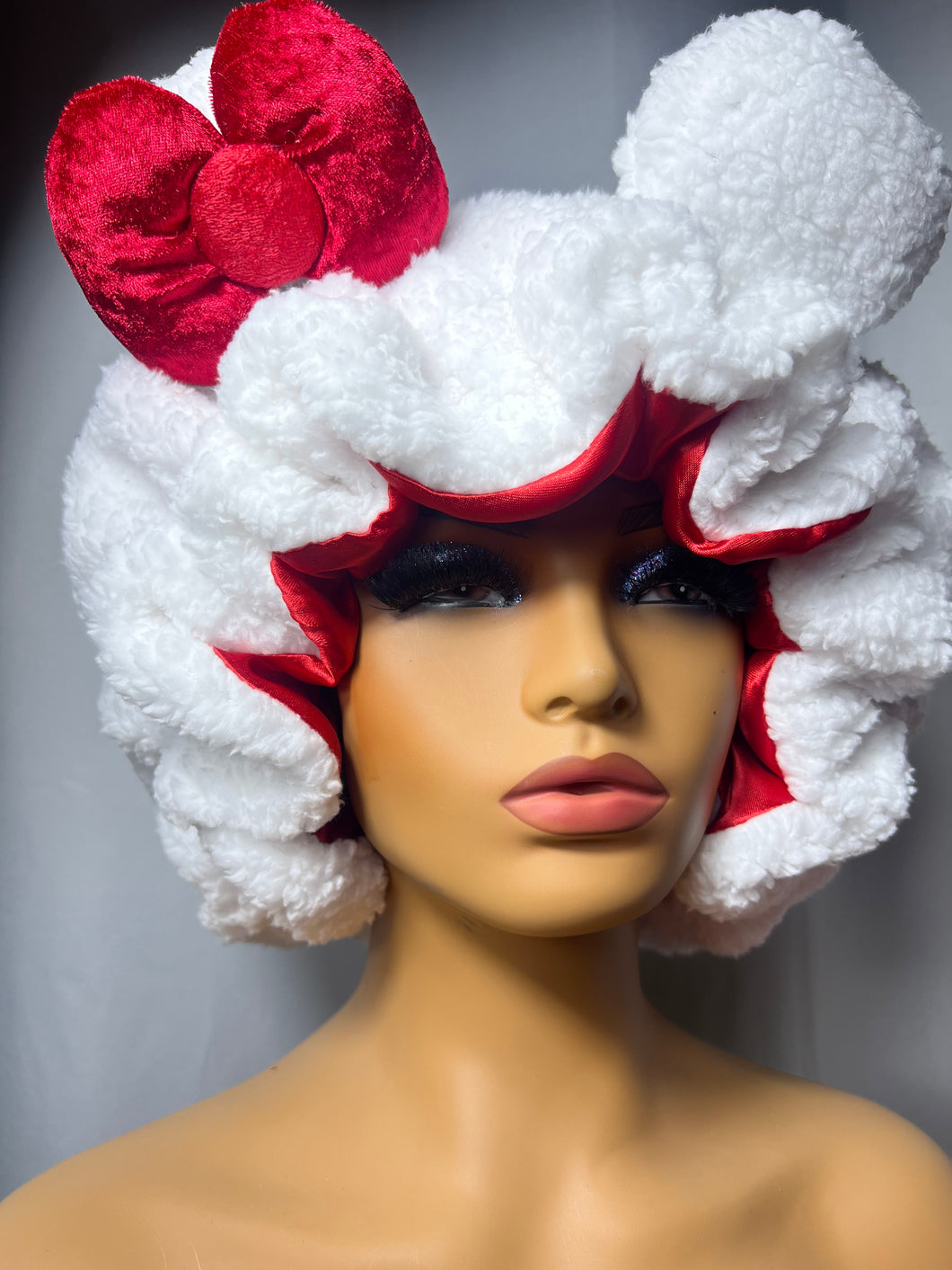 White Teddy Fur w/ Ears 3D Adjustable Plush Bonnet