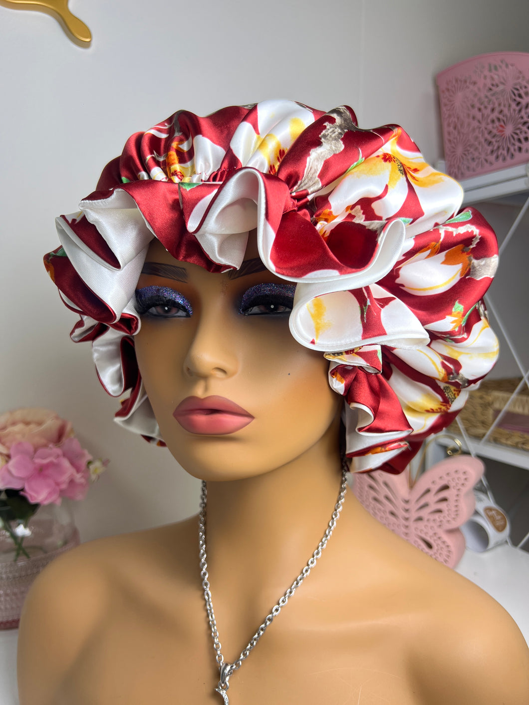 Deep Red & Ivory Ruffle Satin Bonnet