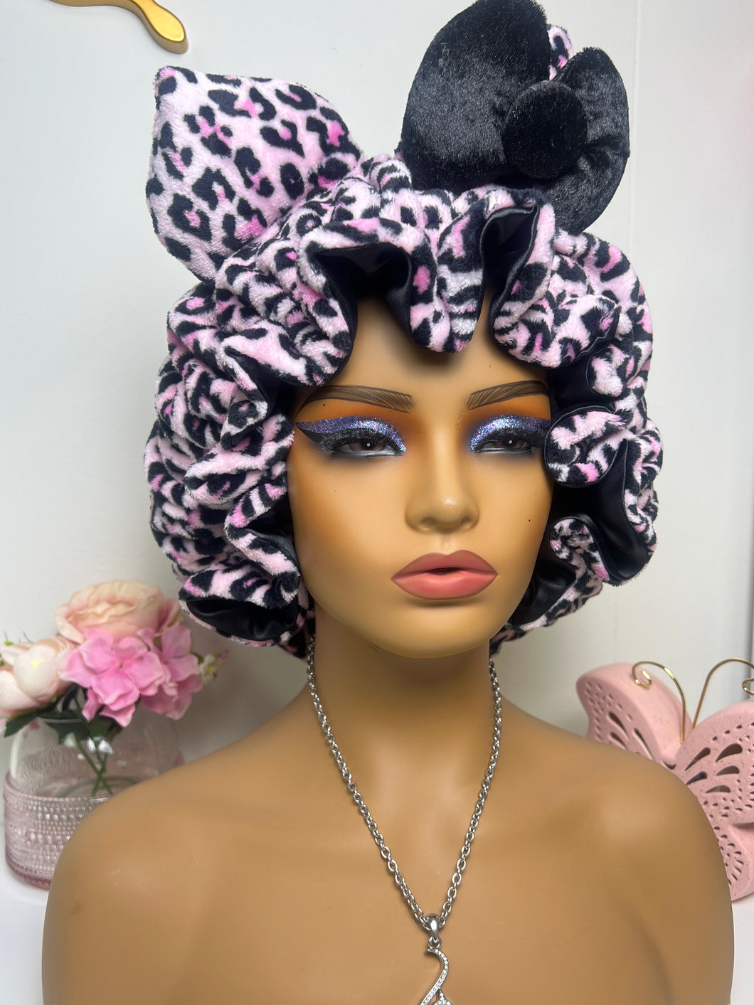 Pinky Leopard Cat Ears 3d Adjustable Plush Bonnet