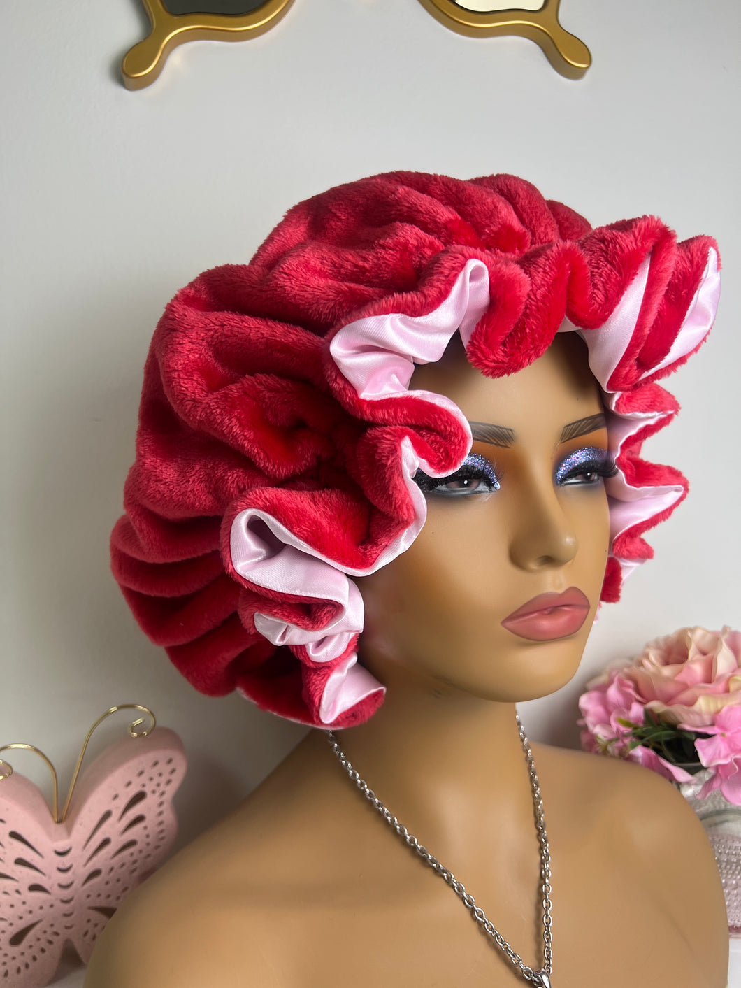 Cherry Red Ruffles plush bonnet adjustable