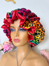 Load image into Gallery viewer, Rainbow Leopard ruffles plush bonnet adjustable
