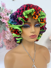 Load image into Gallery viewer, Rainbow Leopard ruffles plush bonnet adjustable
