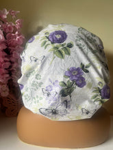 Load image into Gallery viewer, Floral Butterfly Lilac Adjustable Cotton Satin Lined Bonnet
