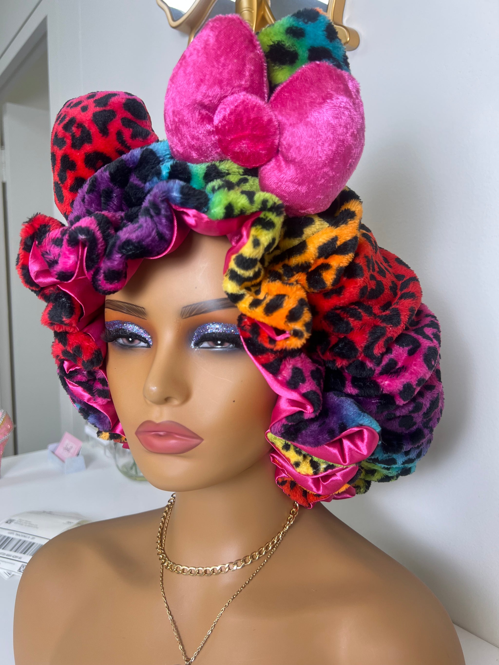 Rainbow Leopard Animal Print 3D Plush Bonnet – nvbeautyexpress display picture 3