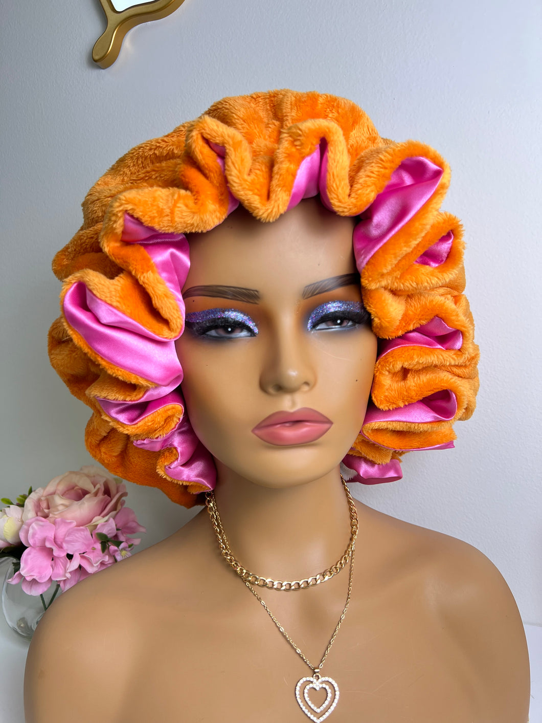 Orange ruffles plush bonnet adjustable