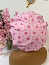 Load image into Gallery viewer, Bubblegum Pink &amp; Silver Hearts Adjustable Ruffles Cotton Bonnet
