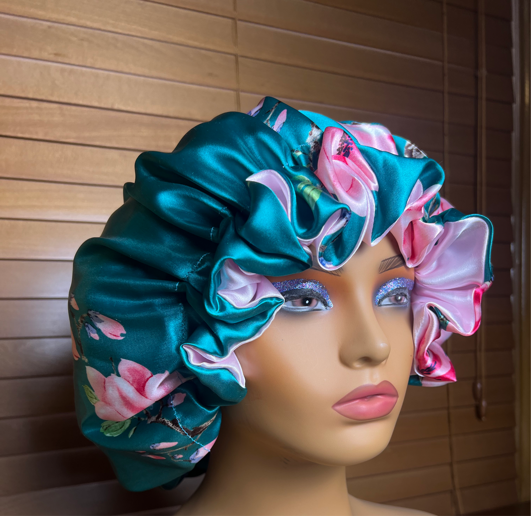 Green print & Light Pink Satin bonnet Reservable