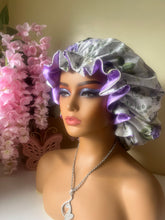Load image into Gallery viewer, Floral Butterfly Lilac Adjustable Cotton Satin Lined Bonnet

