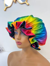Load image into Gallery viewer, Rainbow Satin scrunchie adjustable bonnet
