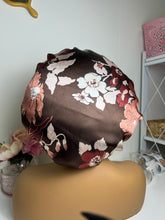Load image into Gallery viewer, Brown &amp; Pink Flowers Ruffle Satin Bonnet
