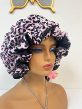 Load image into Gallery viewer, Pinky Leopard Ruffles plush bonnet adjustable
