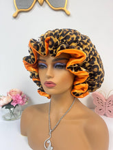 Load image into Gallery viewer, Brown Leopard ruffles plush bonnet adjustable
