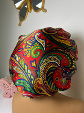 Load image into Gallery viewer, Red &amp; Navy Blue Oriental Silky Soft Satin Bonnet
