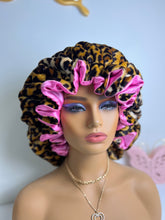 Load image into Gallery viewer, Leopard ruffles plush bonnet adjustable
