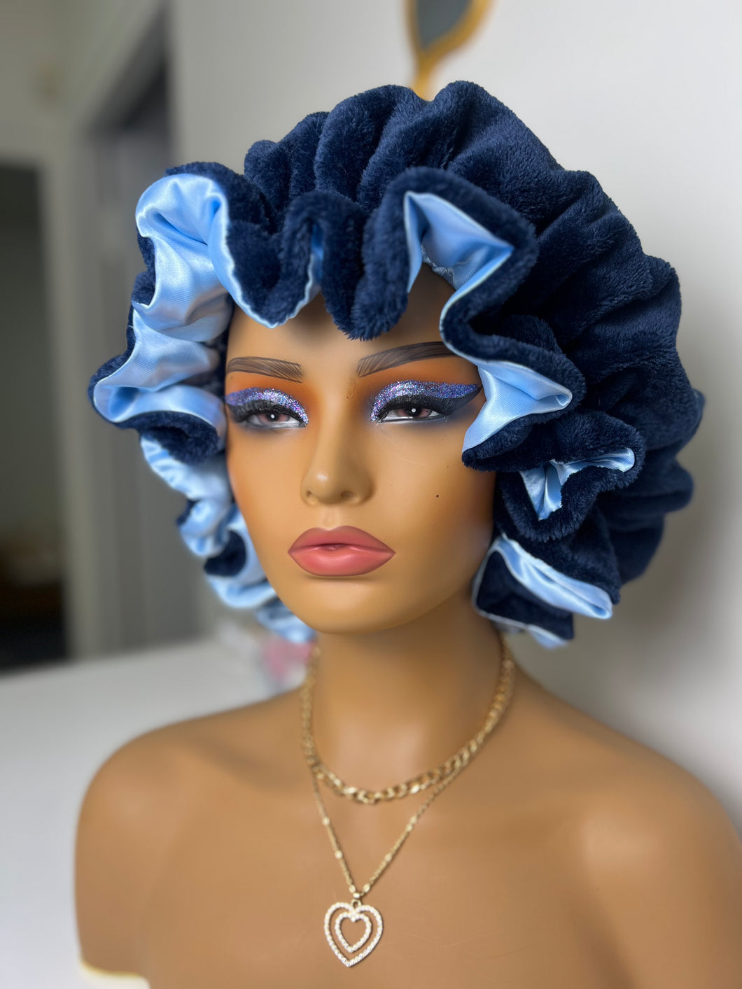 Navy blue ruffles plush bonnet adjustable