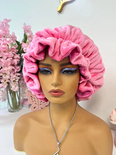 Load image into Gallery viewer, Bubblegum Pink ruffles plush bonnet adjustable
