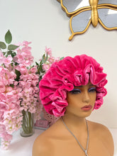 Load image into Gallery viewer, Hot Pink Ruffles plush bonnet adjustable
