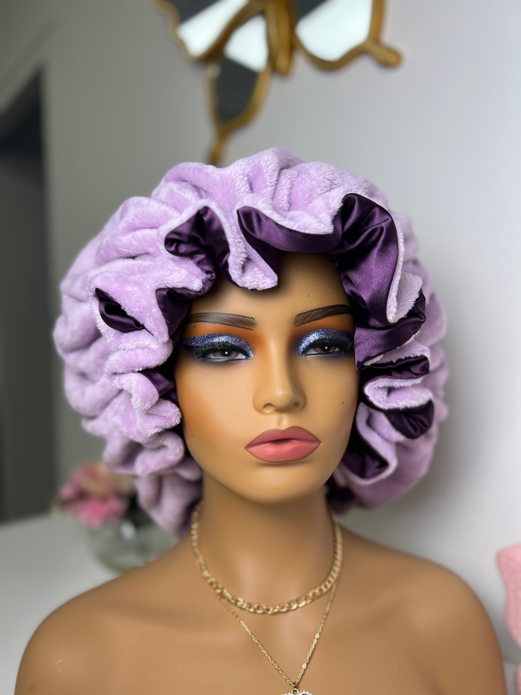 Lilac ruffles plush bonnet adjustable