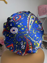 Load image into Gallery viewer, Royal Blue Paisley Ruffle Satin bonnet

