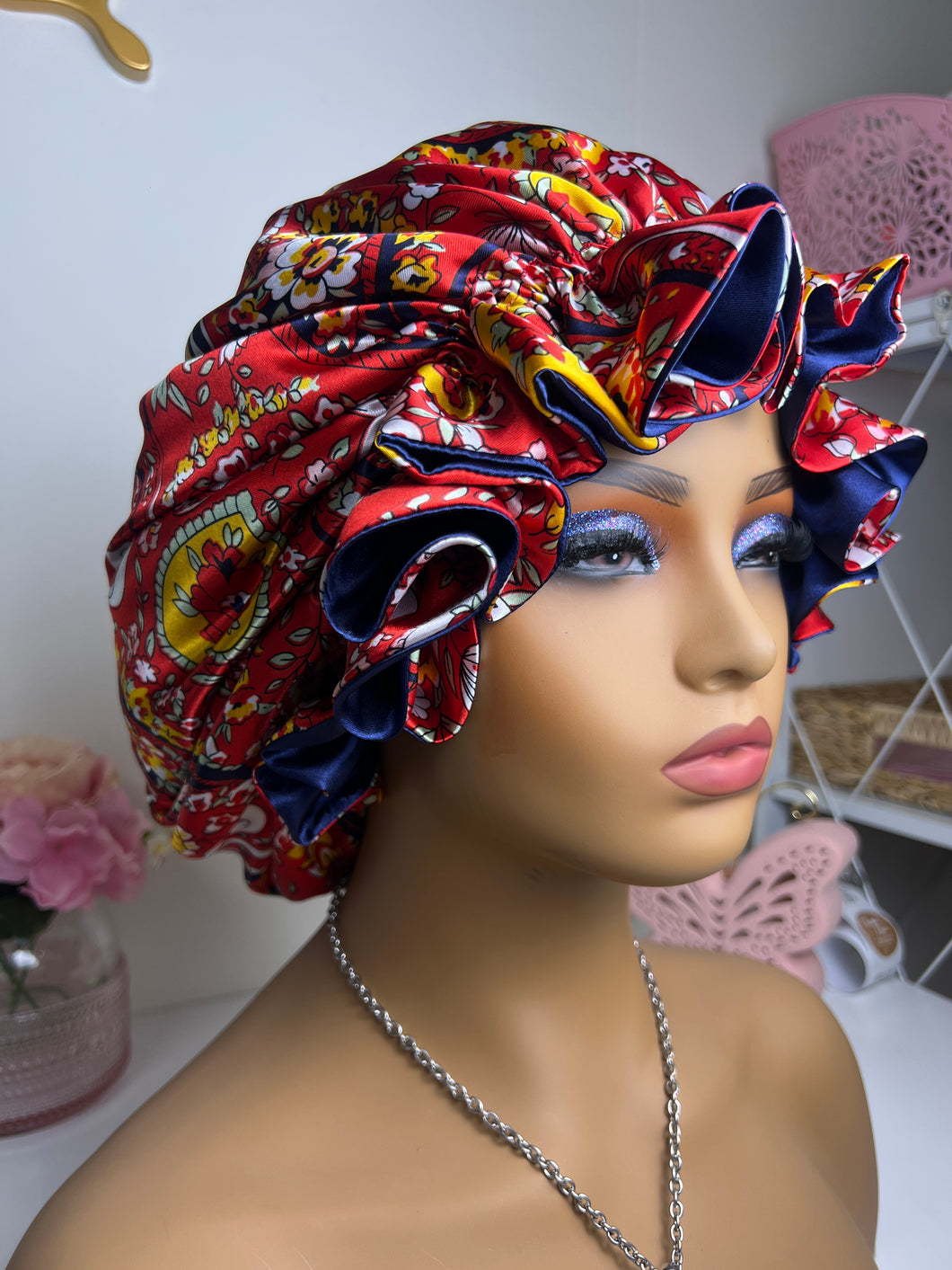 Red Paisley Ruffle Satin bonnet