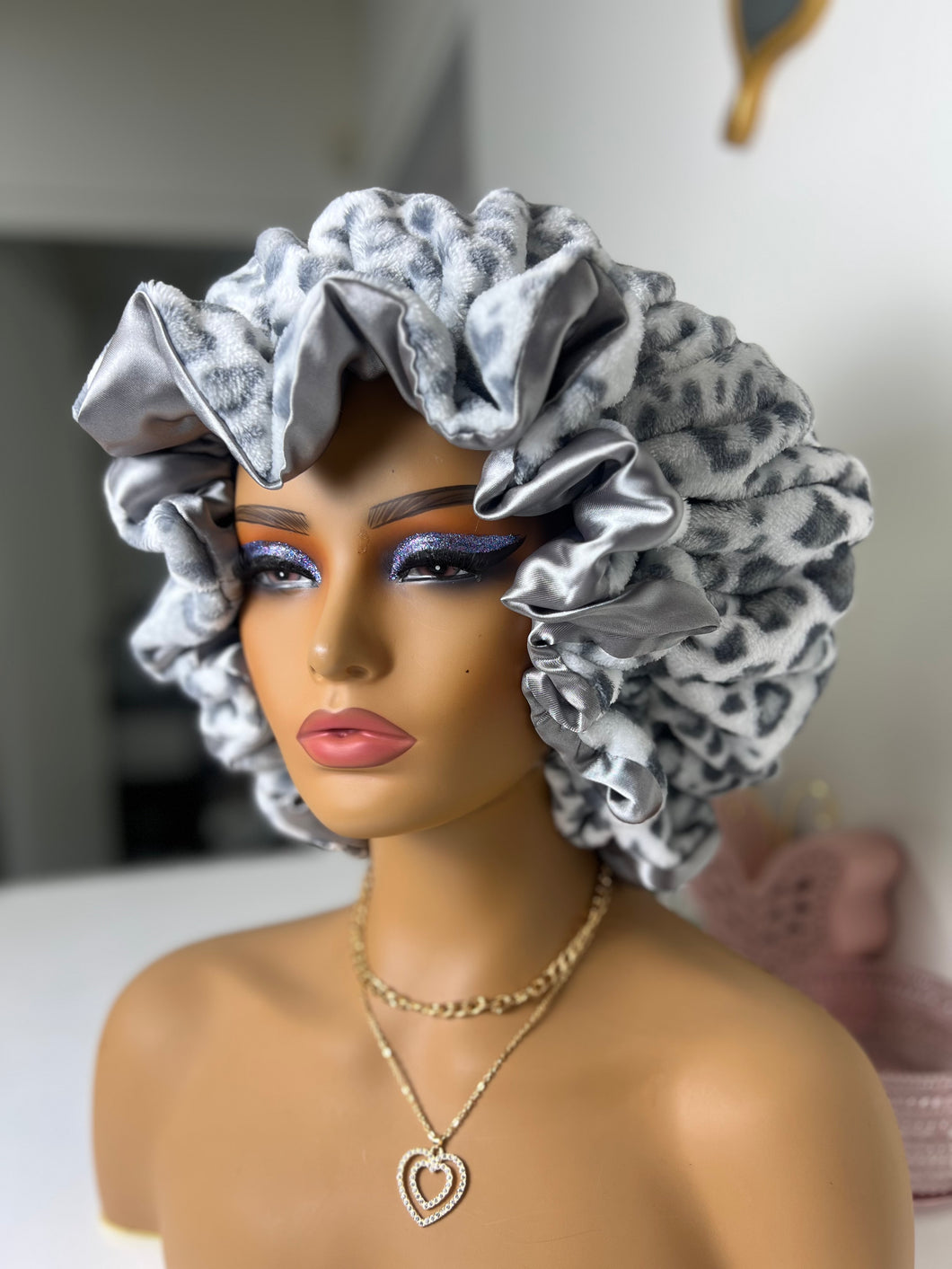 Snow Leopard ruffles plush bonnet adjustable