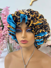 Load image into Gallery viewer, Brown Leopard ruffles plush bonnet adjustable
