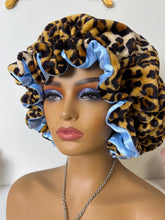 Load image into Gallery viewer, Brown Leopard ruffles plush bonnet adjustable
